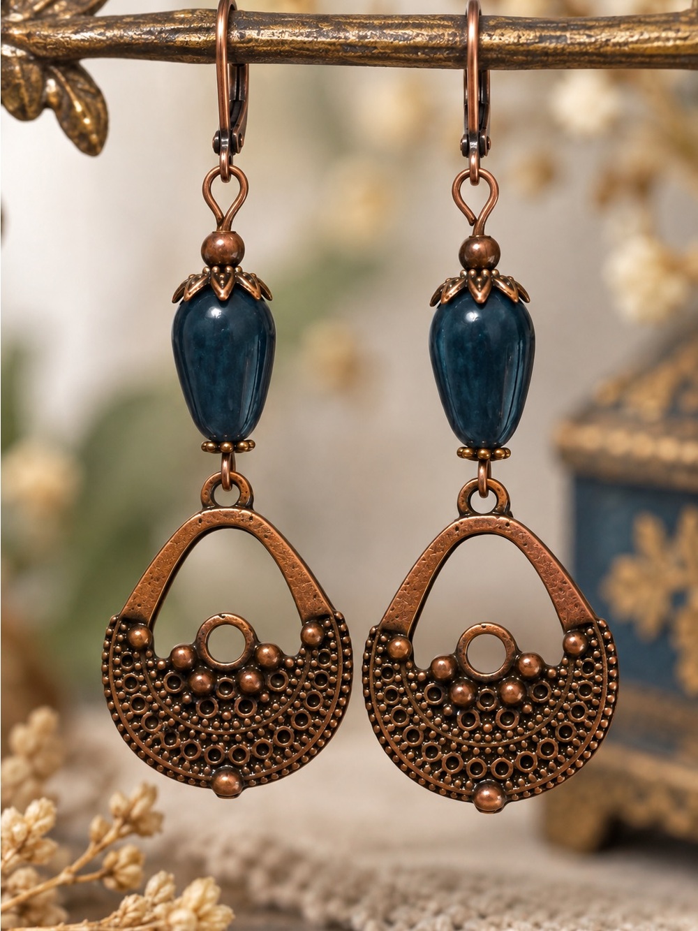 Handmade Artisan Teal & Antique Copper Statement Earrings
